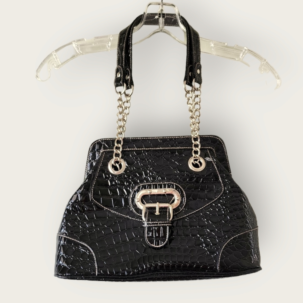 Shinny Patent Leather Style Faux Croc Purse Chunky 90's Shoulder Bag